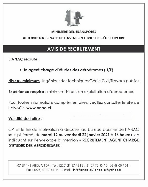 Recrutement de 01 Agent chargé d'Etudes des Aérodromes (H/F)